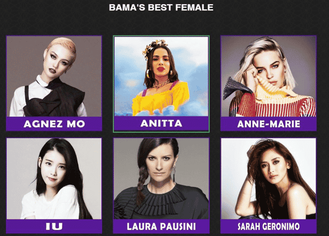 Imagem do post Bama Music Awards 2018: Anne-Marie, Anitta, IU e Laura Pausine concorrem na categoria Melhor Artista Feminina, confira!