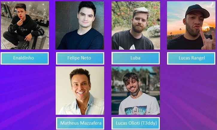 Imagem do post BreakTudo Awards 2019: Enaldinho, Felipe Neto, Luba, Lucas Rangel, Matheus Mazzafera e T3ddy concorrem a Youtuber Masculino do Ano